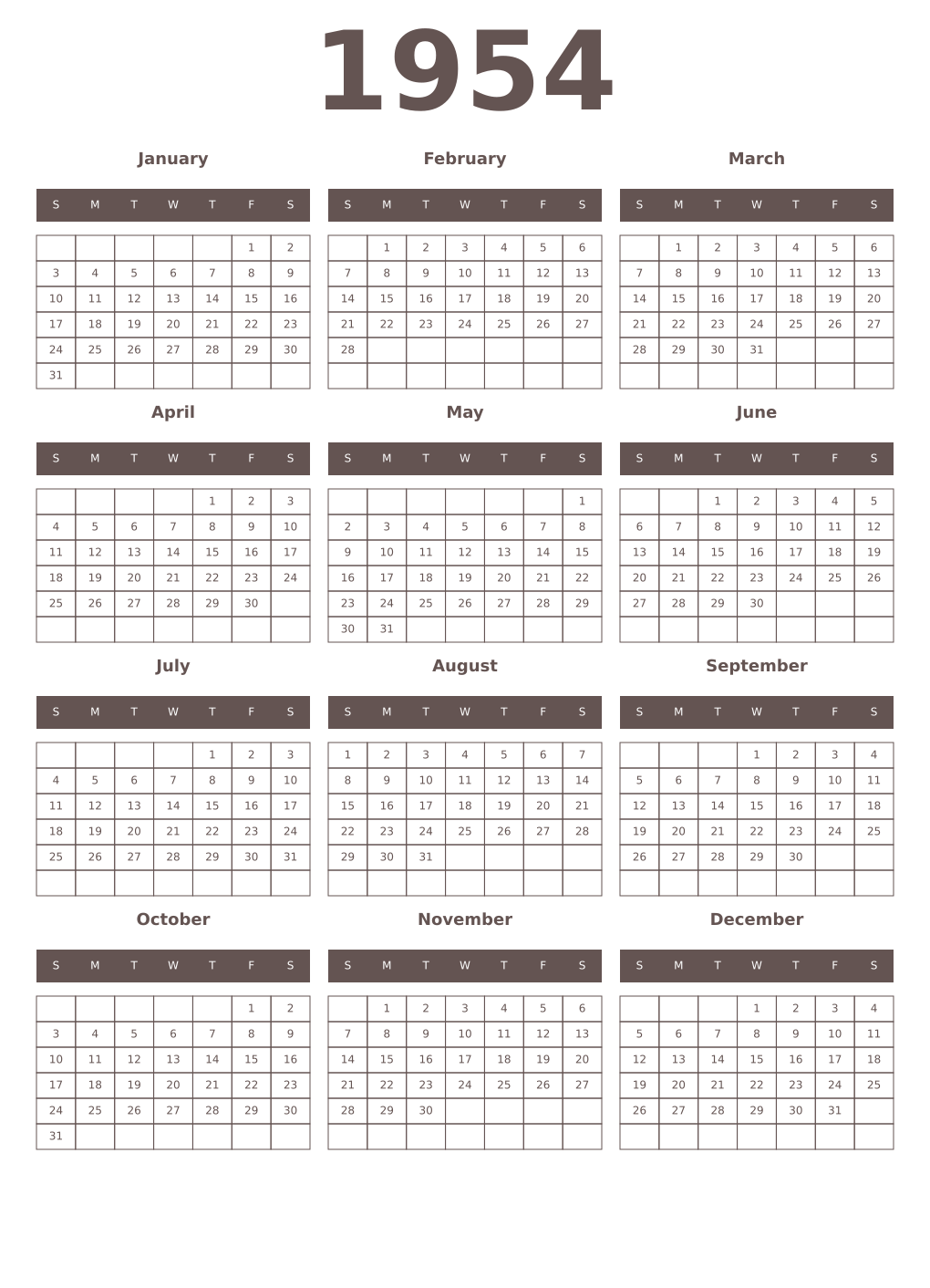 Printable 1954 Year Calendars wenge