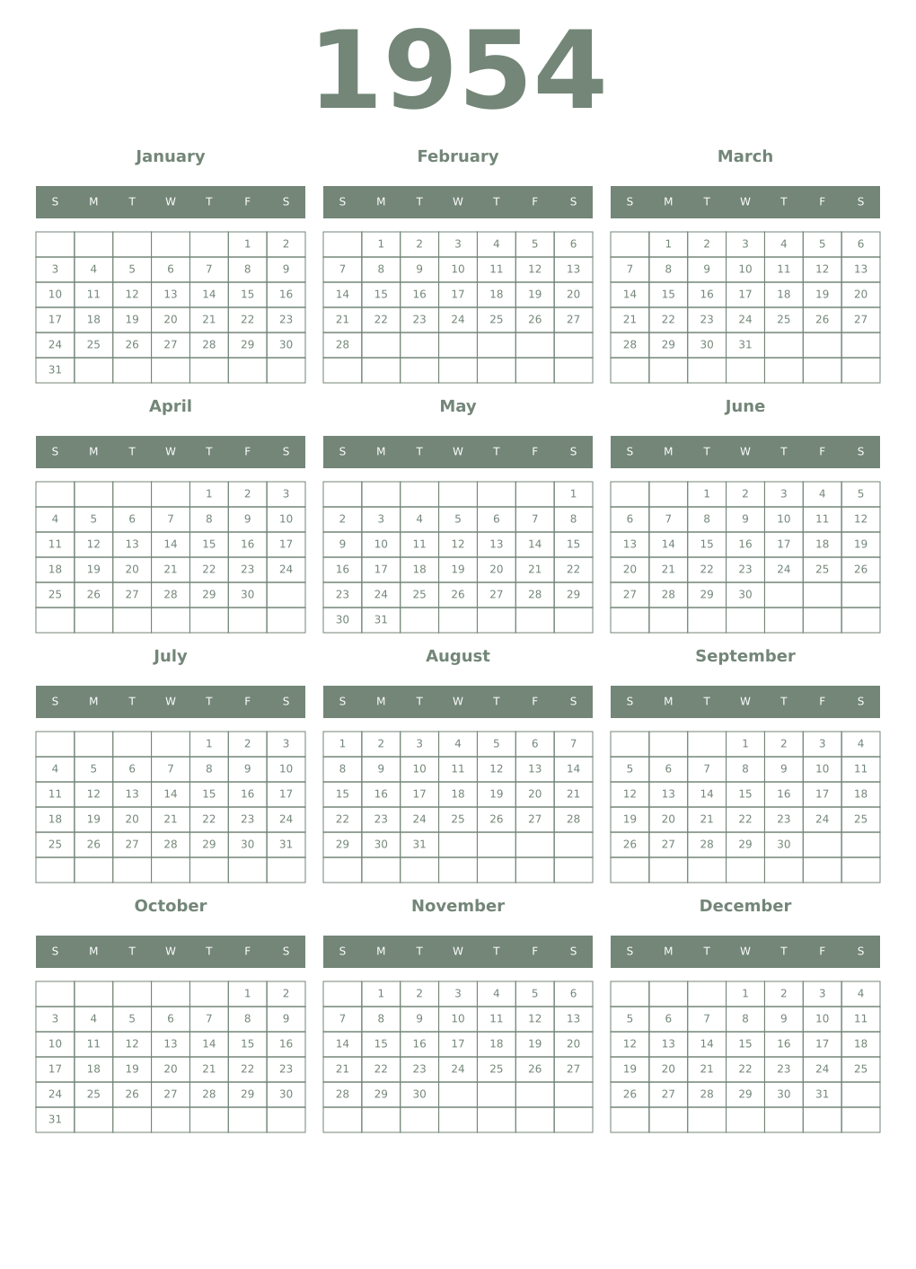 Printable 1954 Year Calendars xanadu