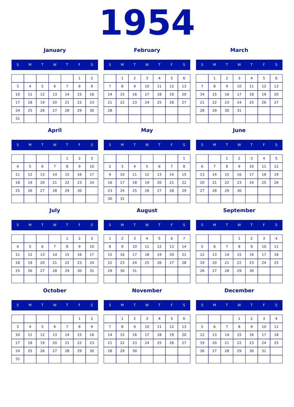 Printable 1954 Year Calendars zaffre