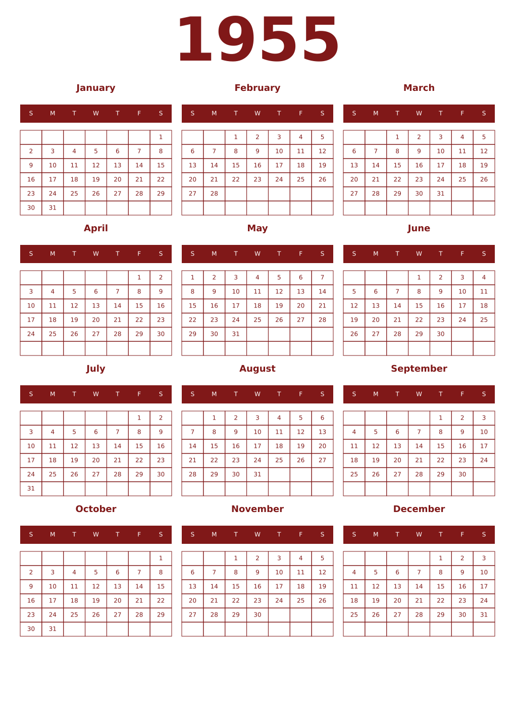 Printable 1955 Year Calendars falu