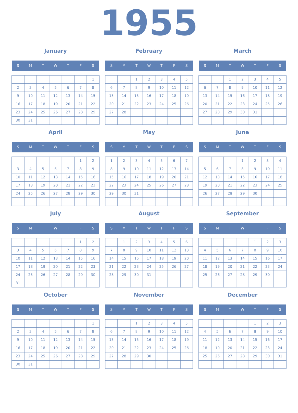 Printable 1955 Year Calendars glaucous