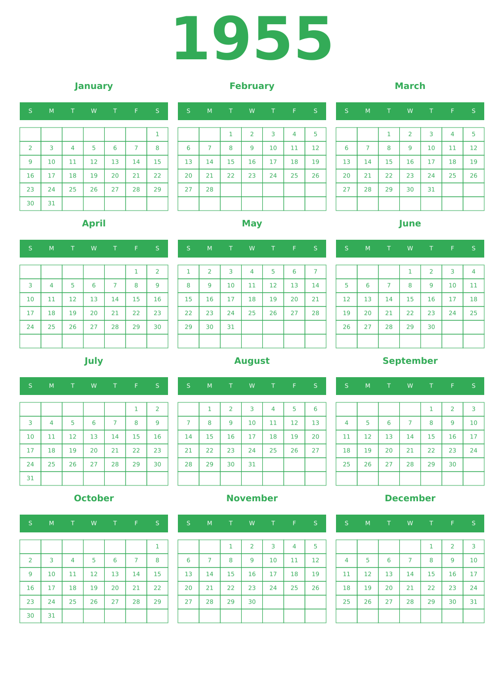 Printable 1955 Year Calendars green