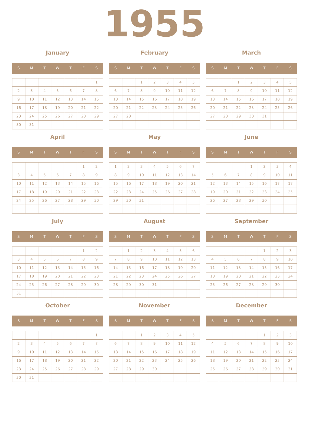 Printable 1955 Year Calendars isabelline