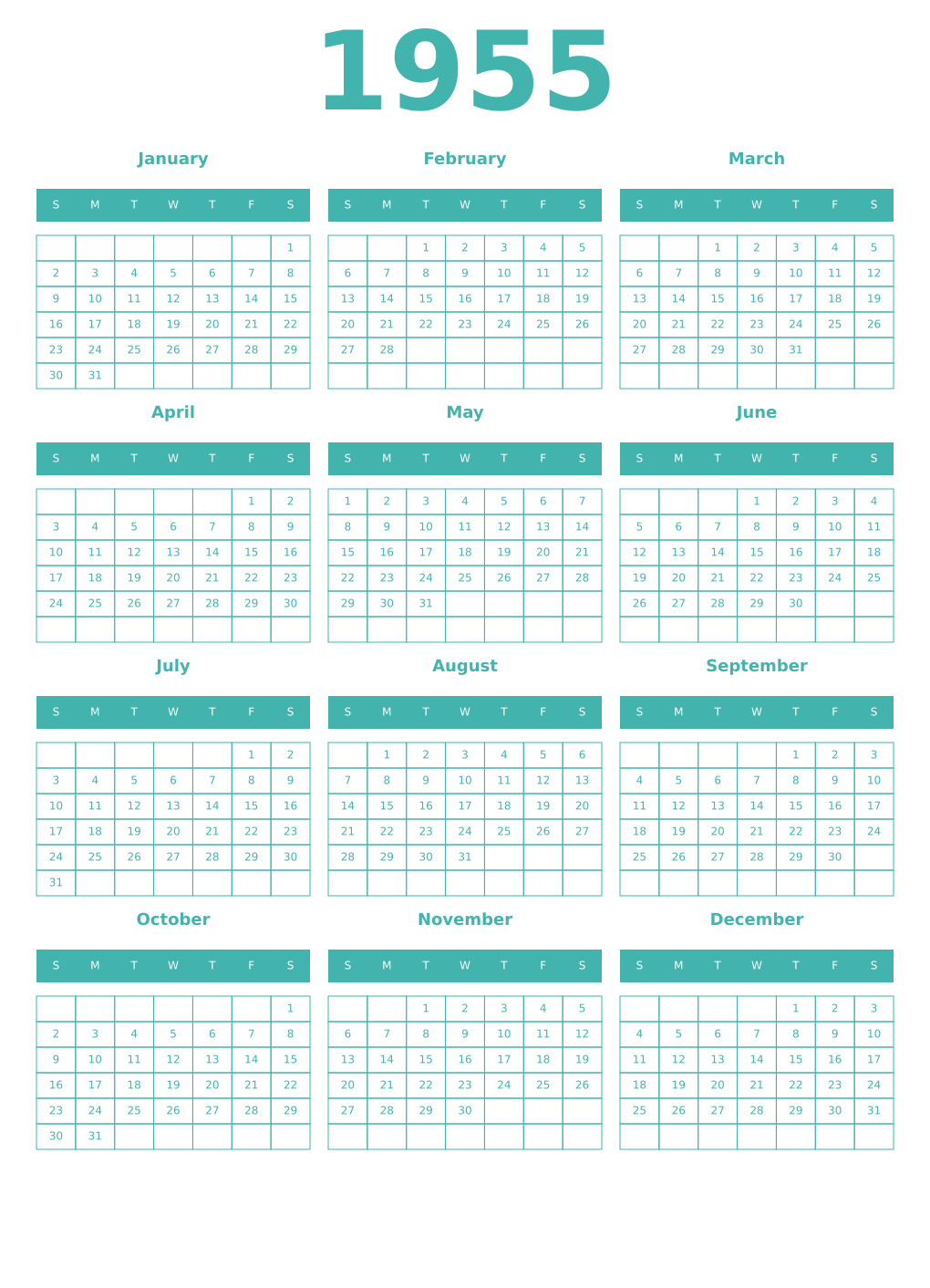 Printable 1955 Year Calendars verdigris