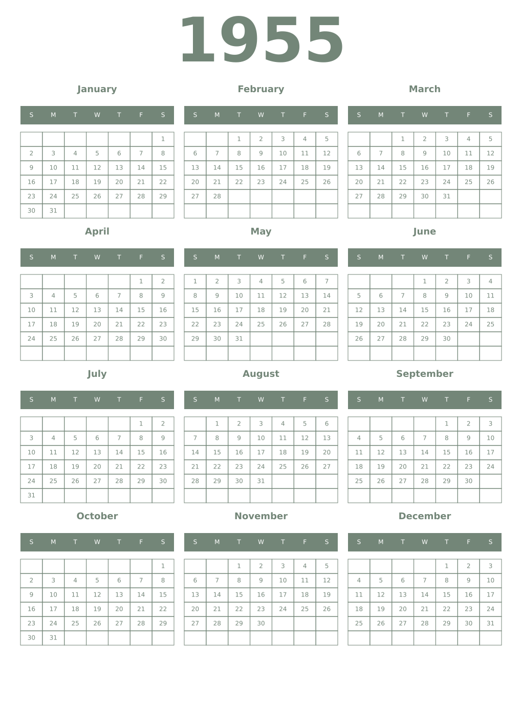 Printable 1955 Year Calendars xanadu