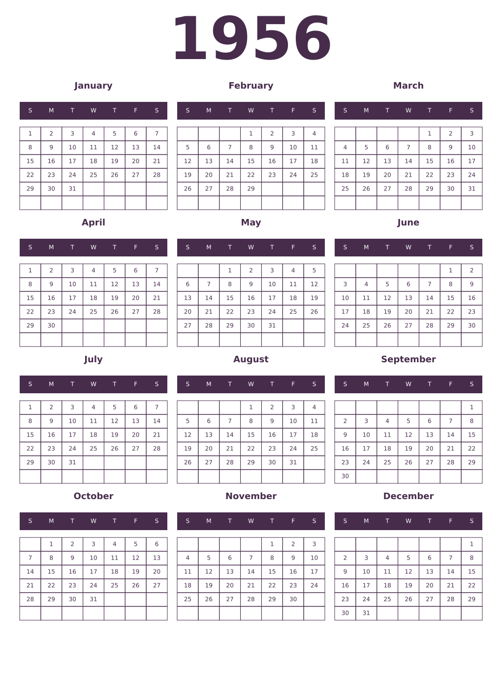 Printable 1956 Year Calendars aubergine