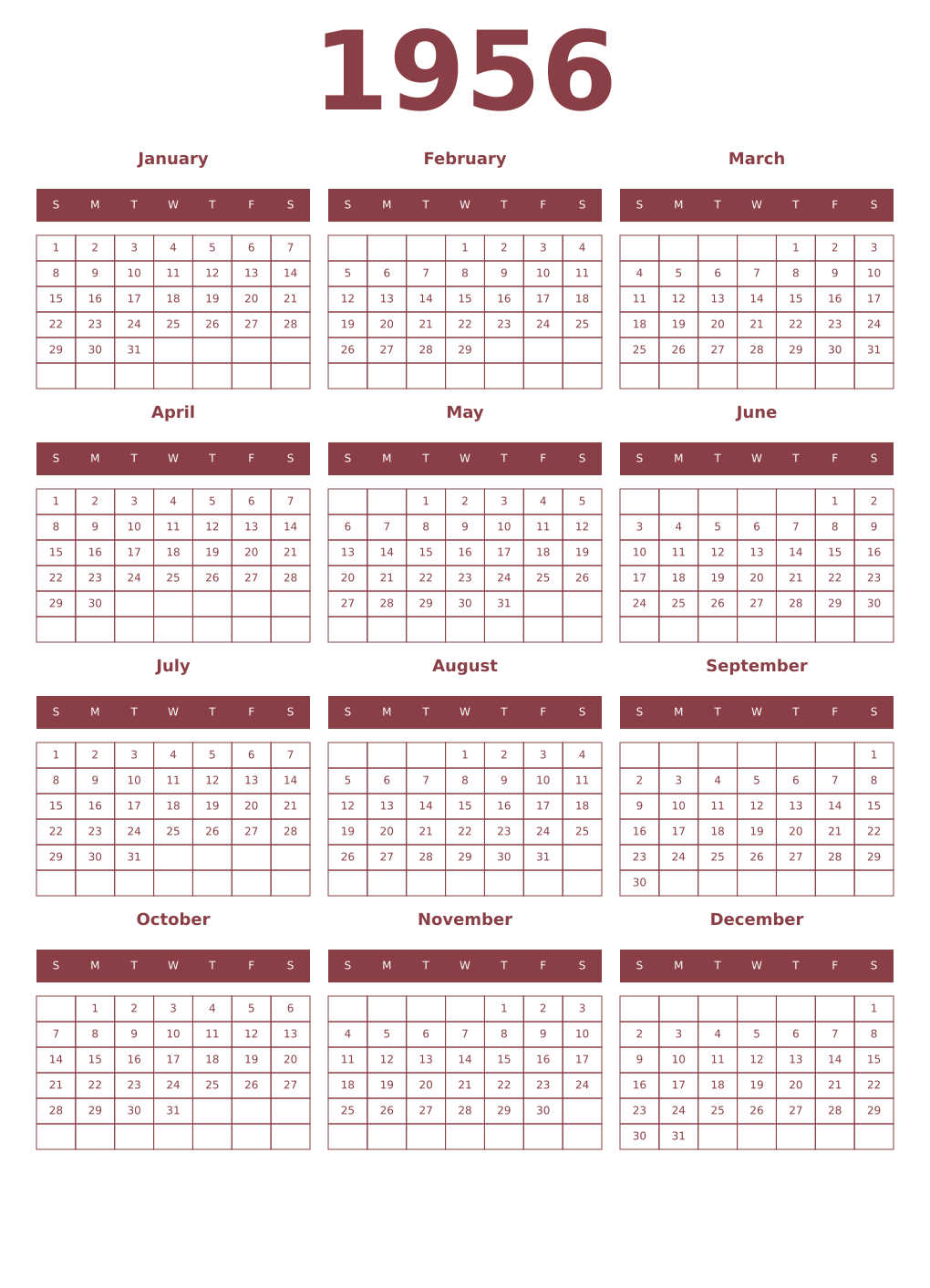 Printable 1956 Year Calendars cordovan