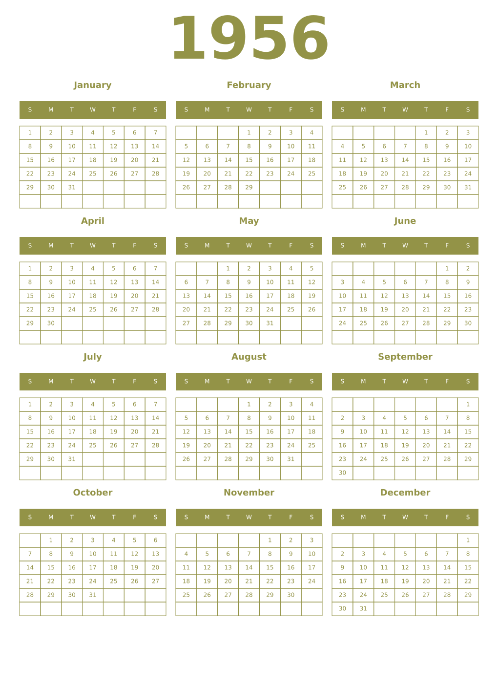 Printable 1956 Year Calendars eburnean