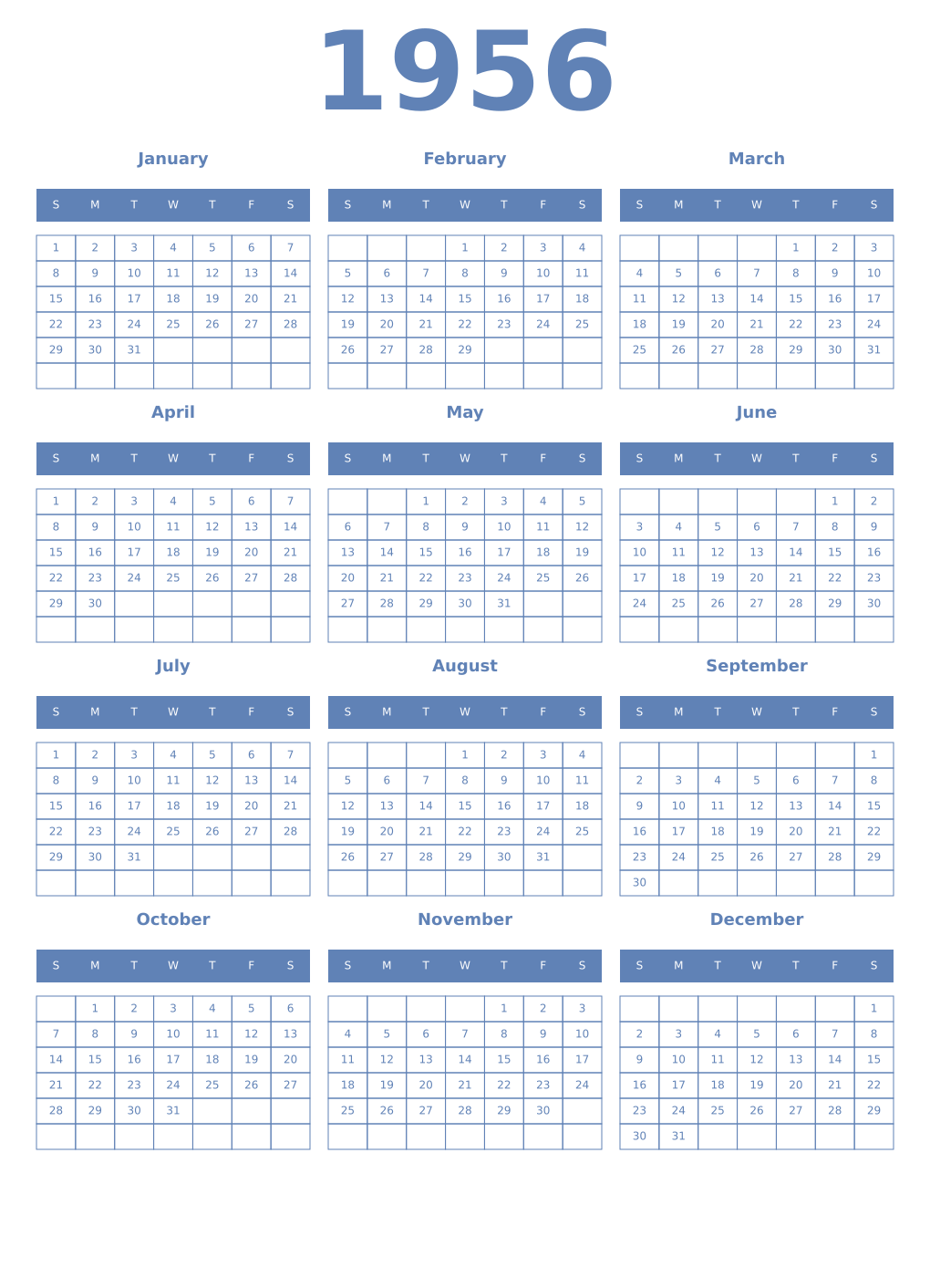 Printable 1956 Year Calendars glaucous