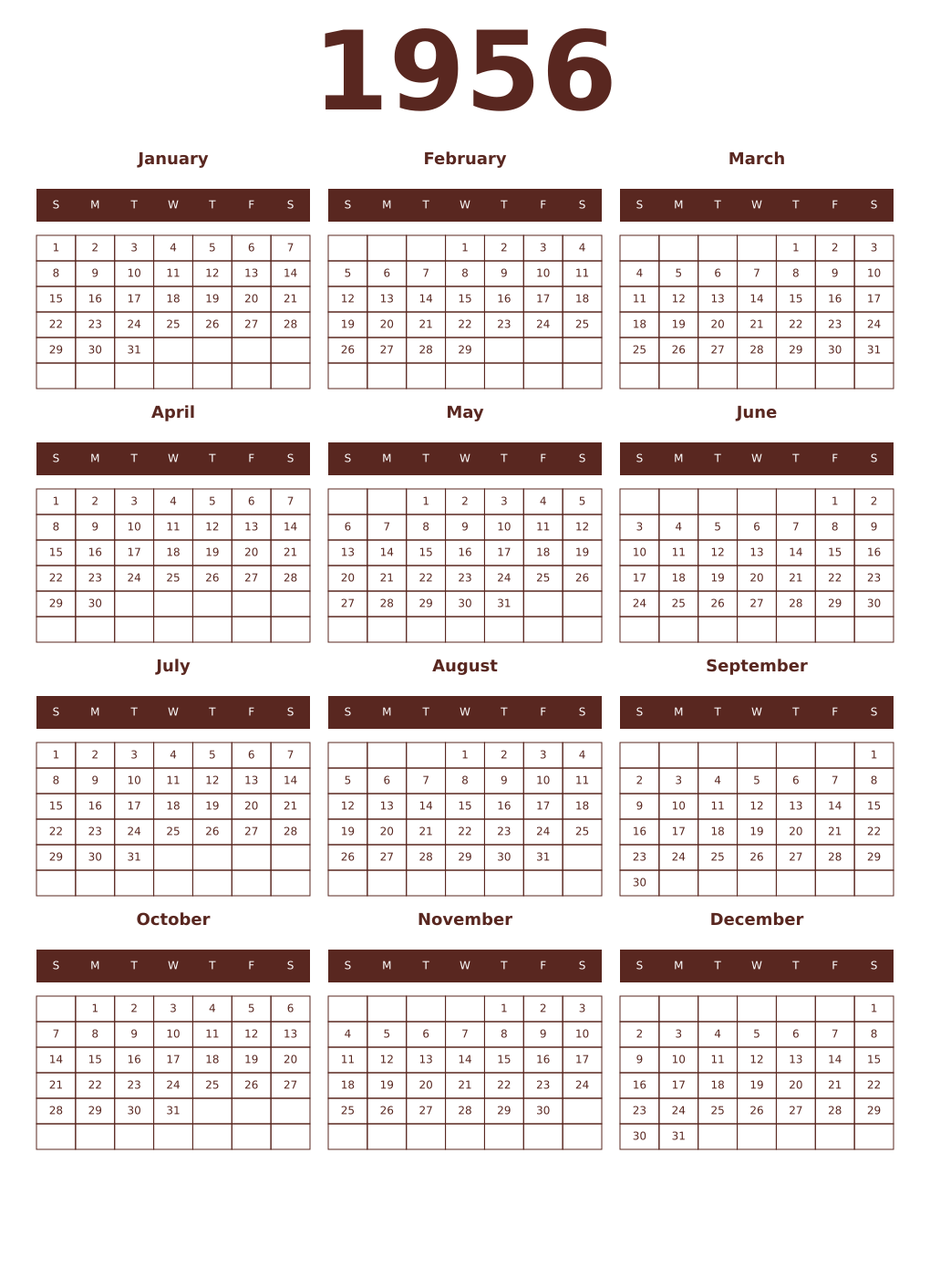 Printable 1956 Year Calendars mortuum