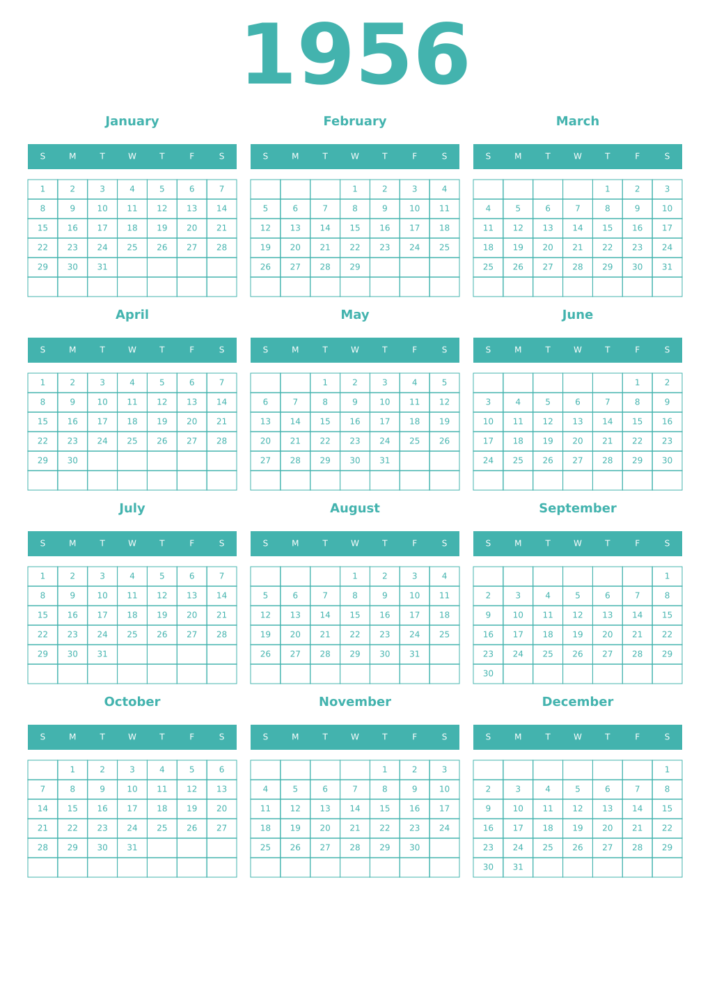 Printable 1956 Year Calendars verdigris
