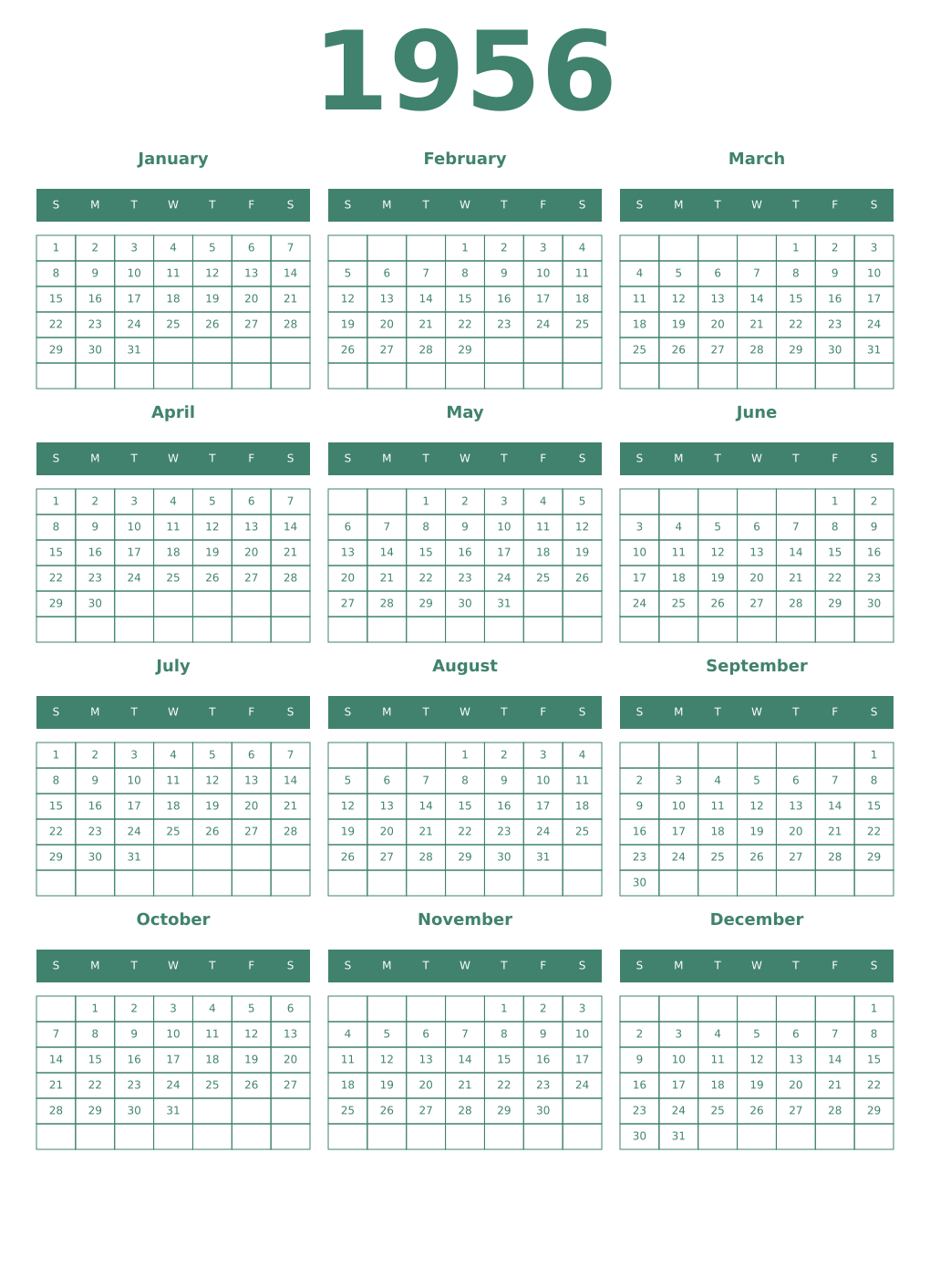 Printable 1956 Year Calendars viridian
