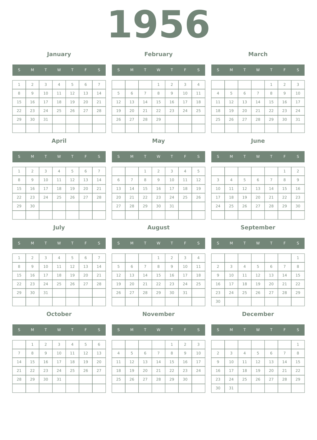 Printable 1956 Year Calendars xanadu