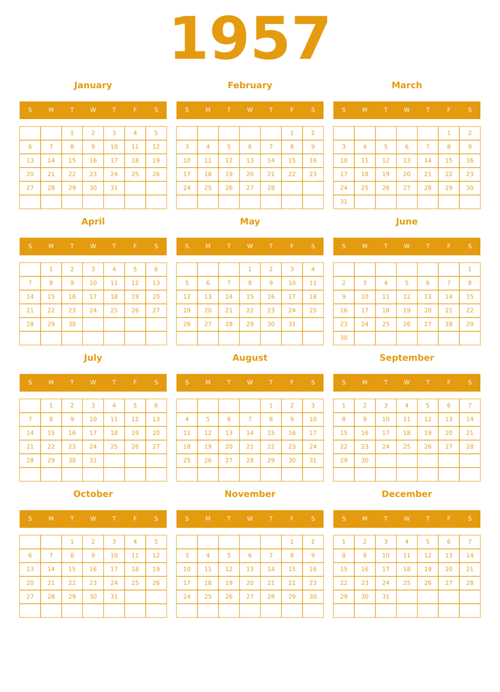 Printable 1957 Year Calendars gamboge