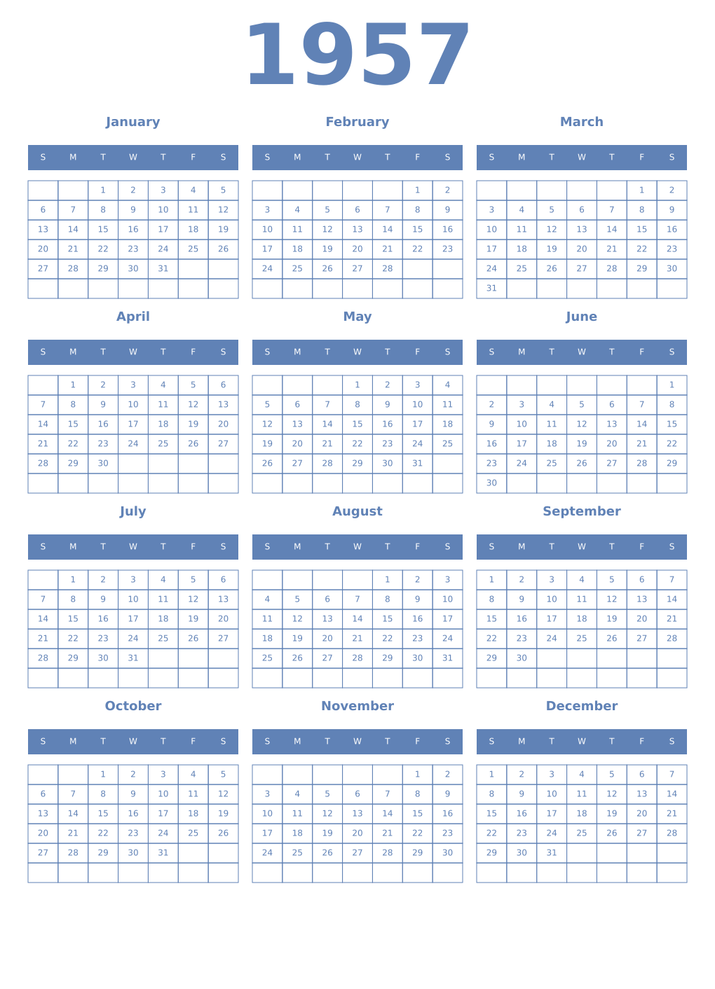 Printable 1957 Year Calendars glaucous