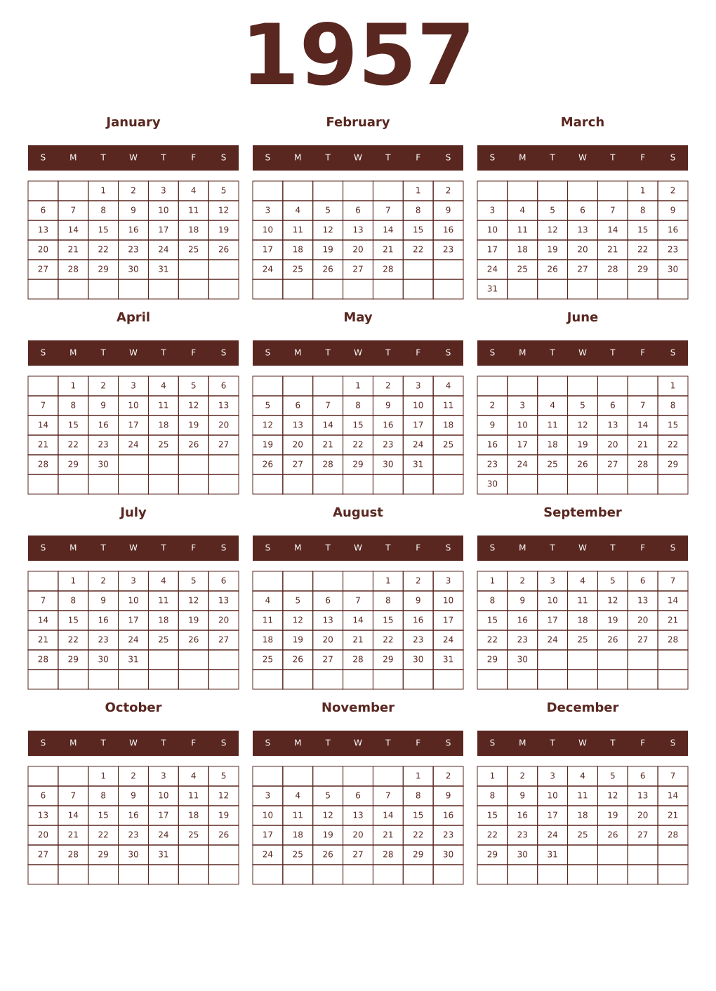 Printable 1957 Year Calendars mortuum