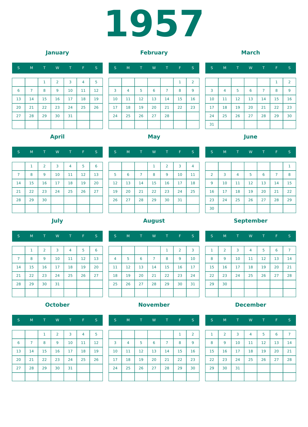 Printable 1957 Year Calendars pastel