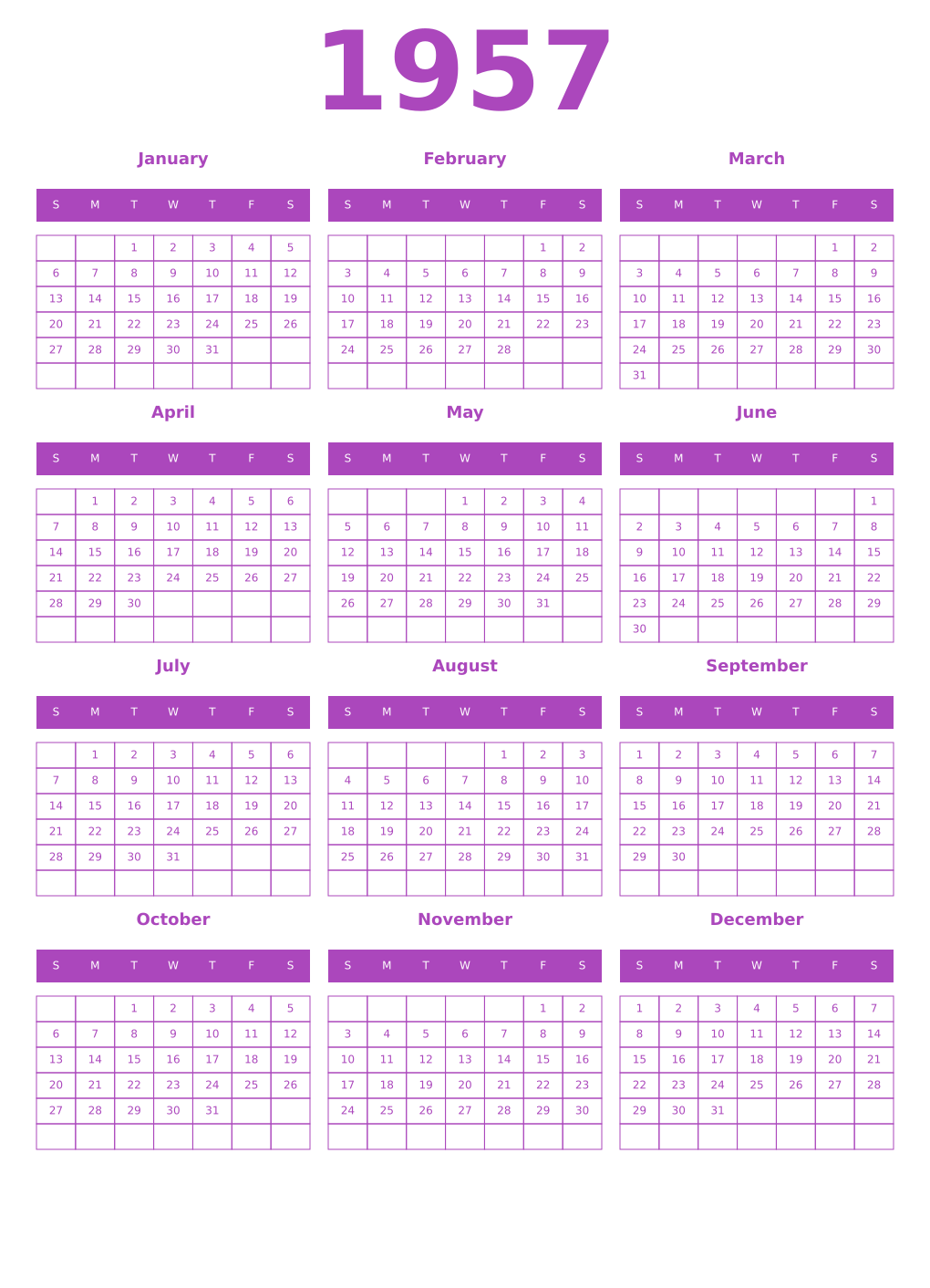 Printable 1957 Year Calendars purple