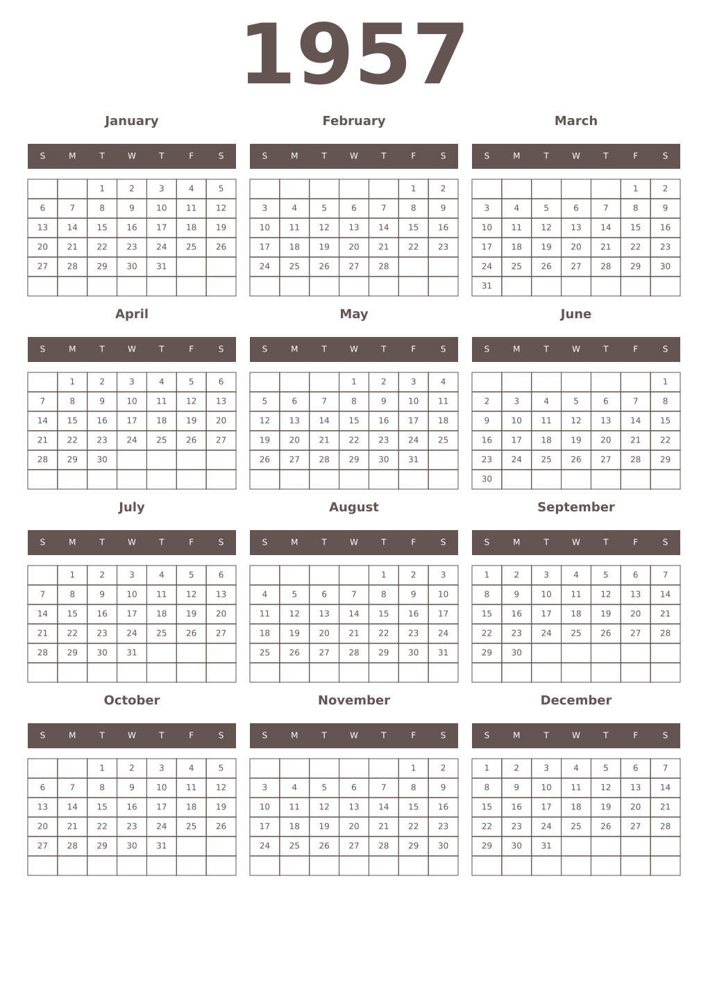 Printable 1957 Year Calendars wenge