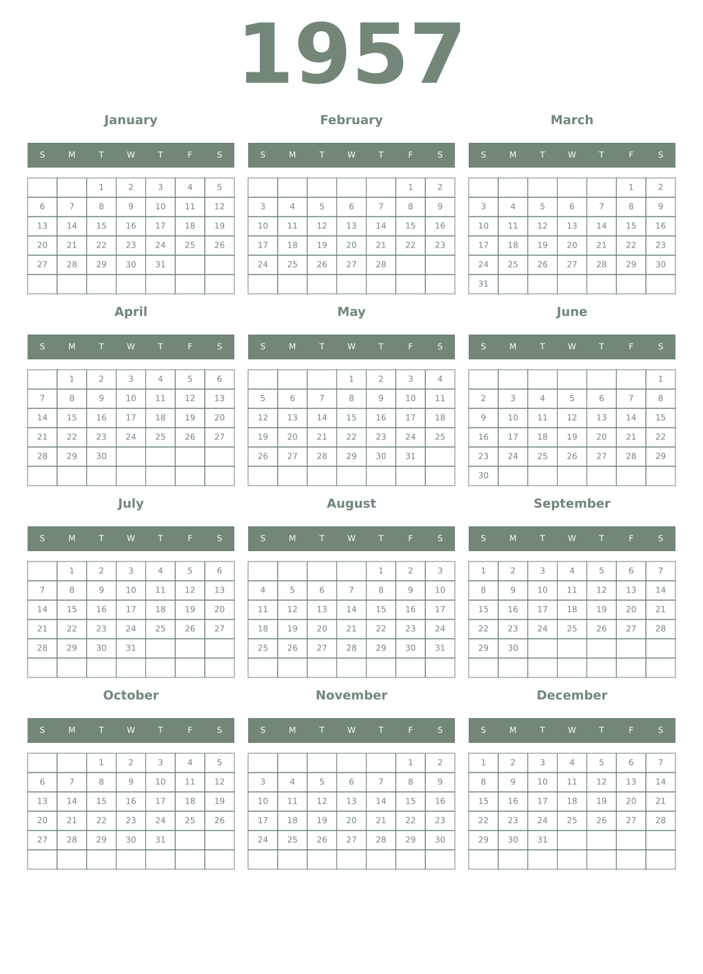 Printable 1957 Year Calendars xanadu