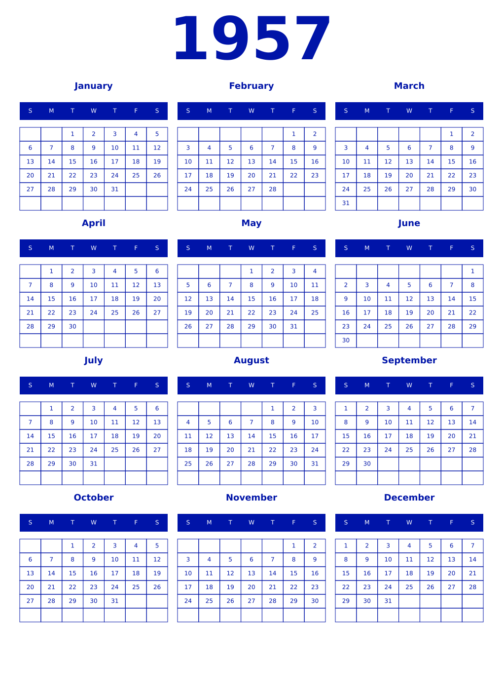 Printable 1957 Year Calendars zaffre
