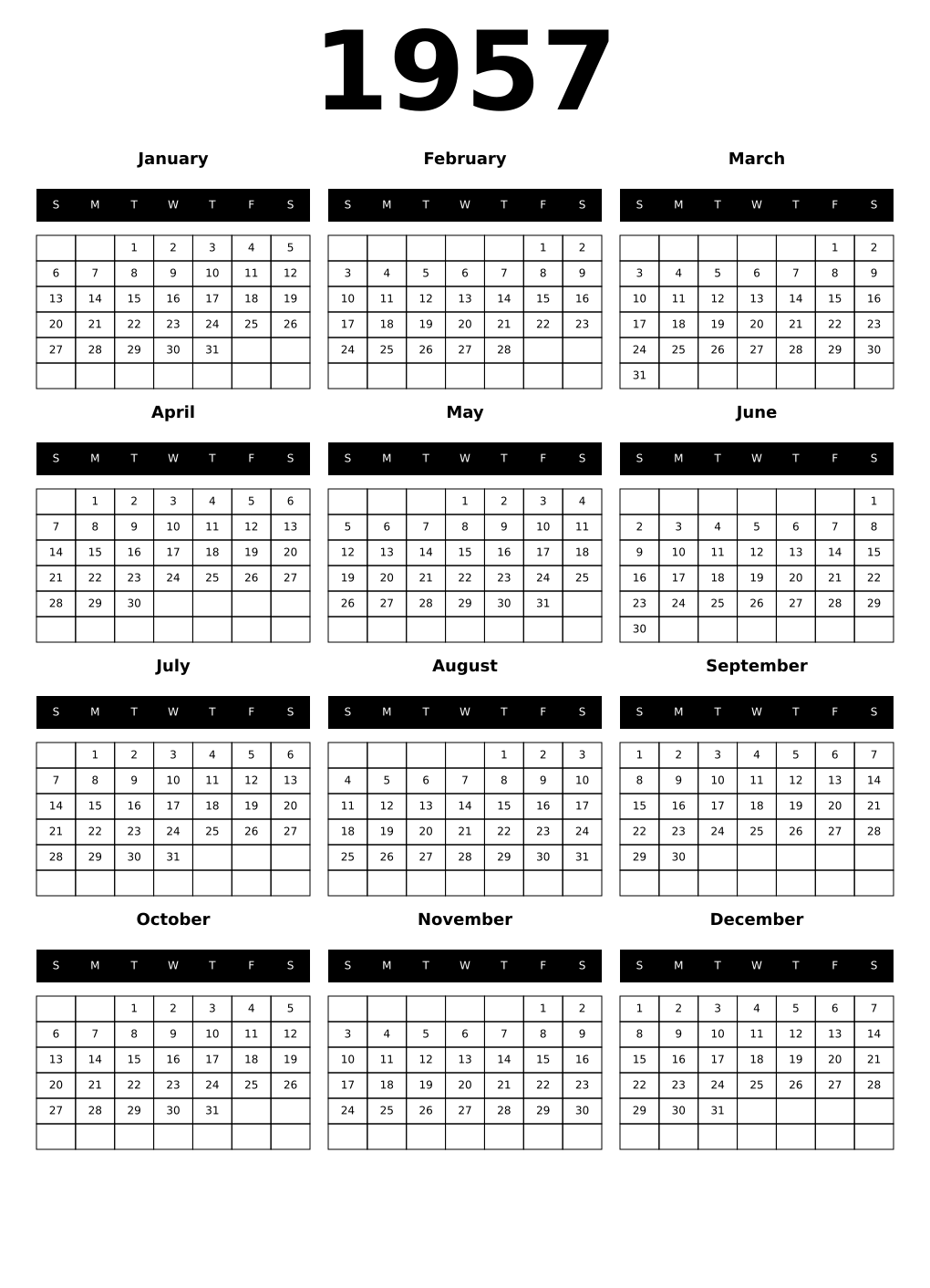 Printable 1957 Calendars
