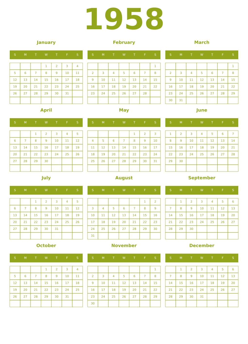 Printable 1958 Year Calendars chartreuse