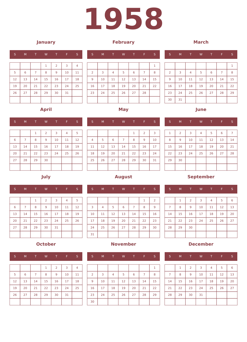 Printable 1958 Year Calendars cordovan