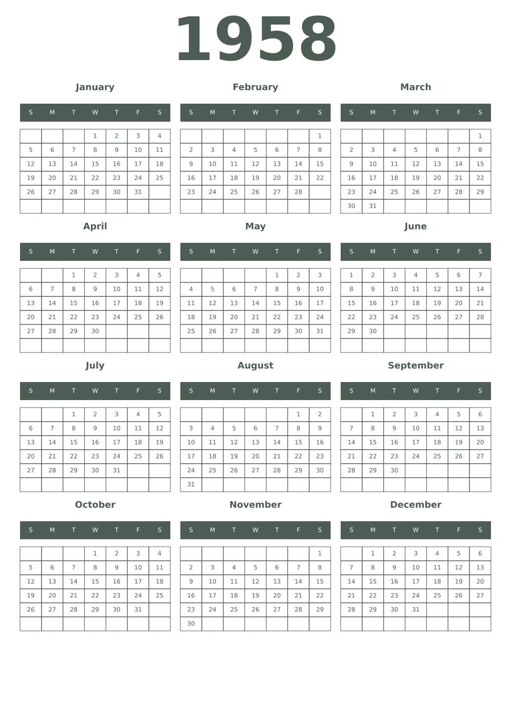 Printable 1958 Year Calendars feldgrau