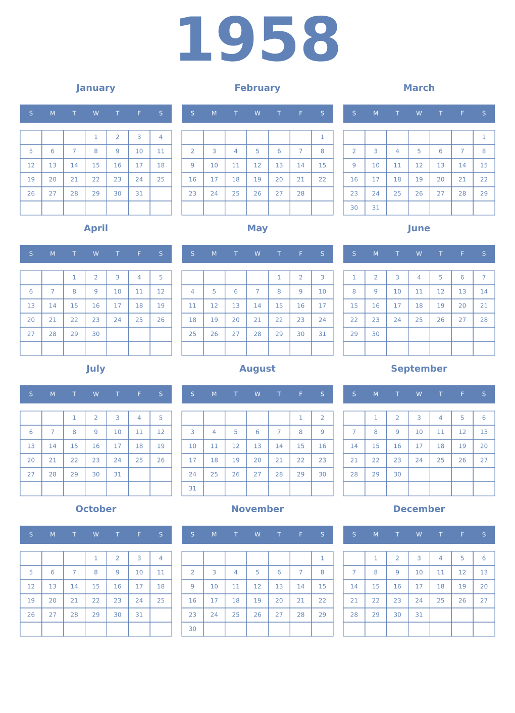 Printable 1958 Year Calendars glaucous