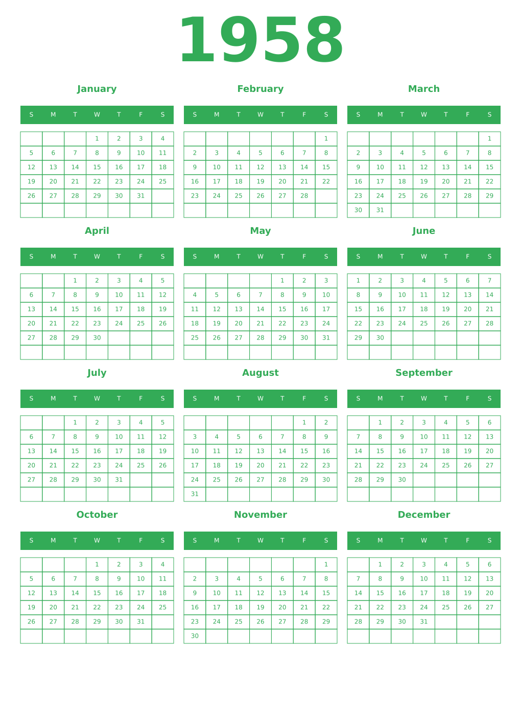 Printable 1958 Year Calendars green