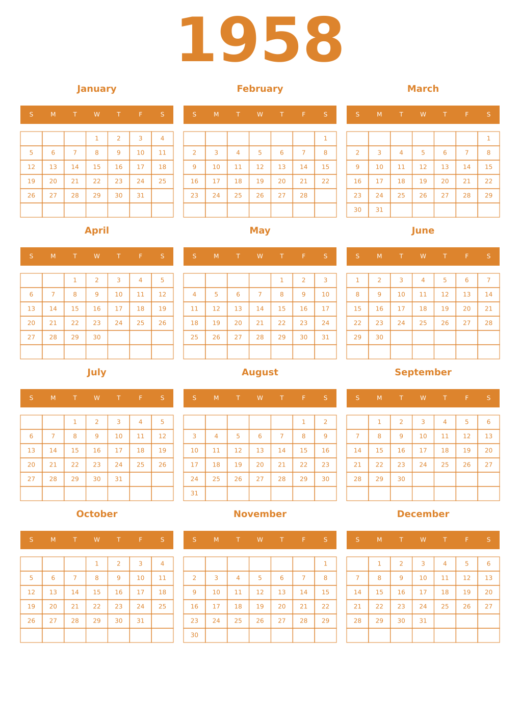 Printable 1958 Year Calendars orange