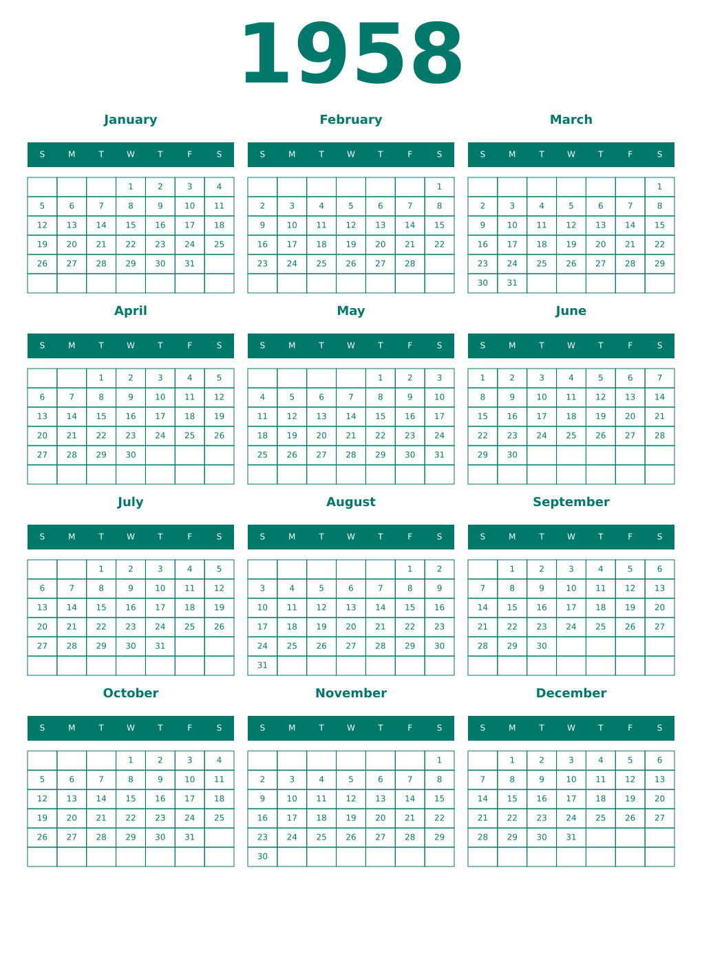 Printable 1958 Year Calendars pastel