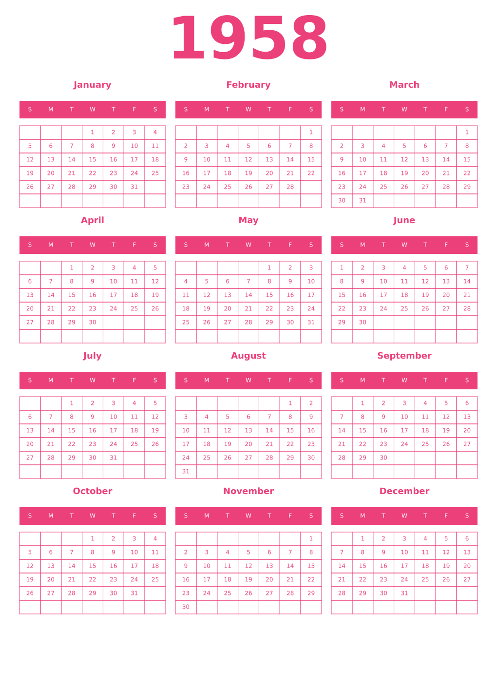 Printable 1958 Year Calendars pink