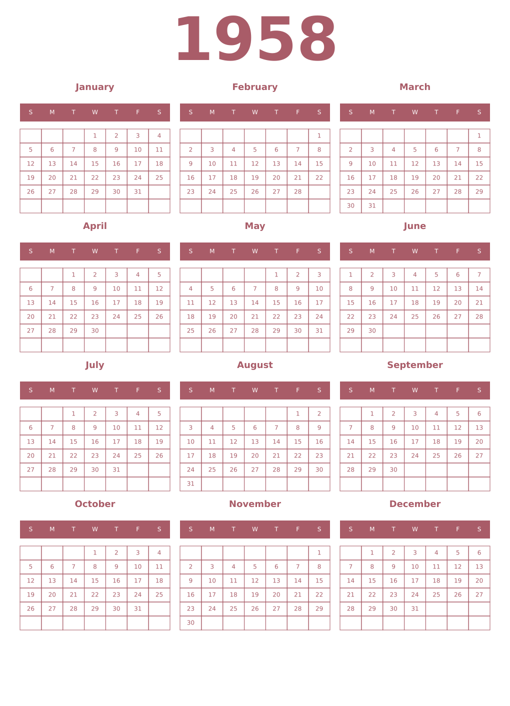 Printable 1958 Year Calendars puce
