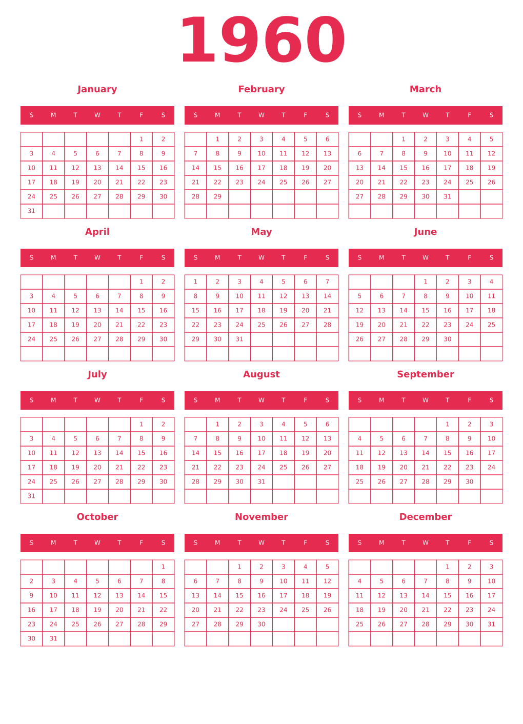 Printable 1960 Year Calendars amaranth