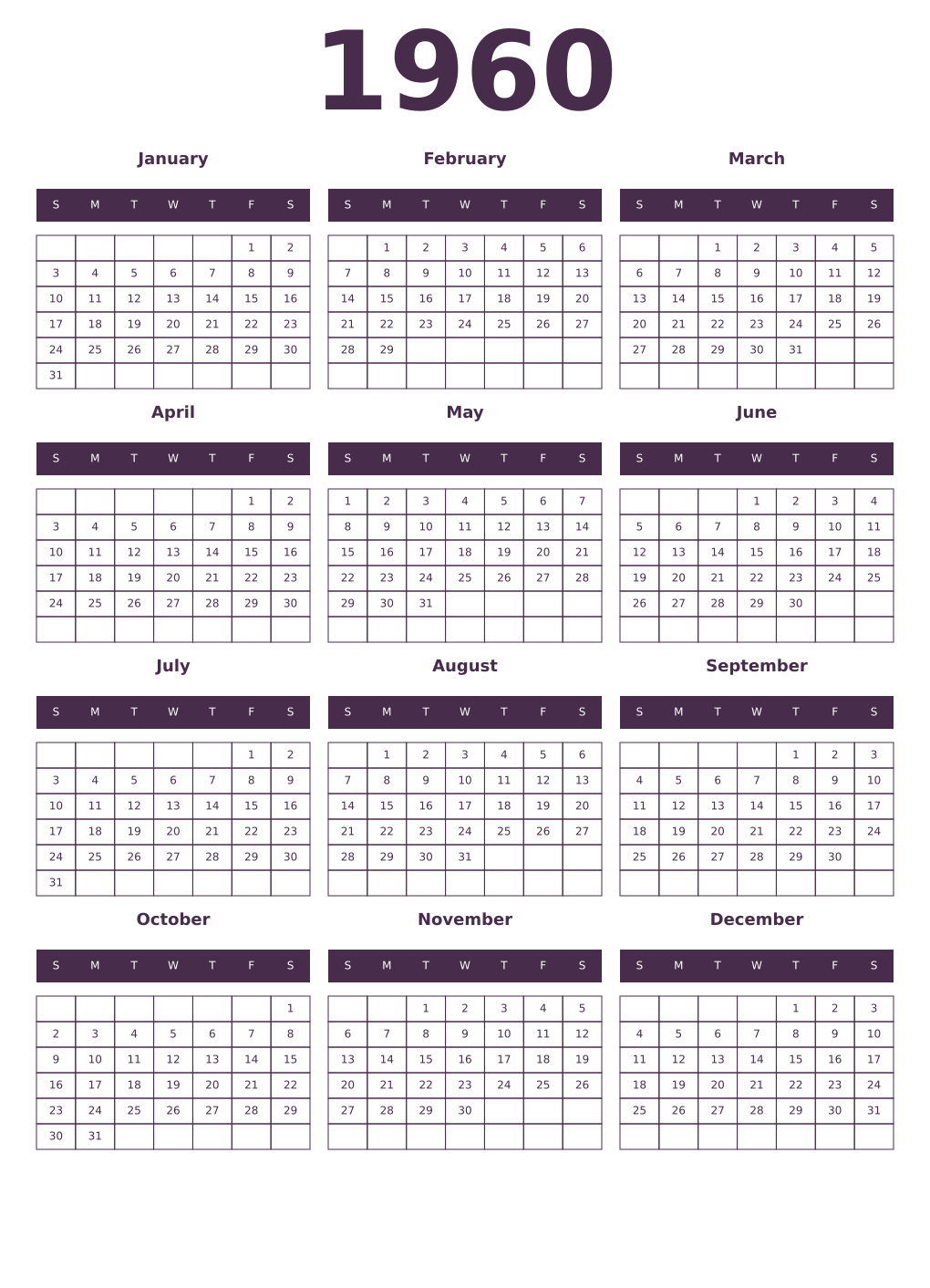 Printable 1960 Year Calendars aubergine