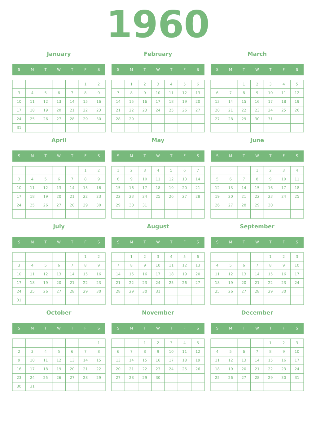 Printable 1960 Year Calendars celadon
