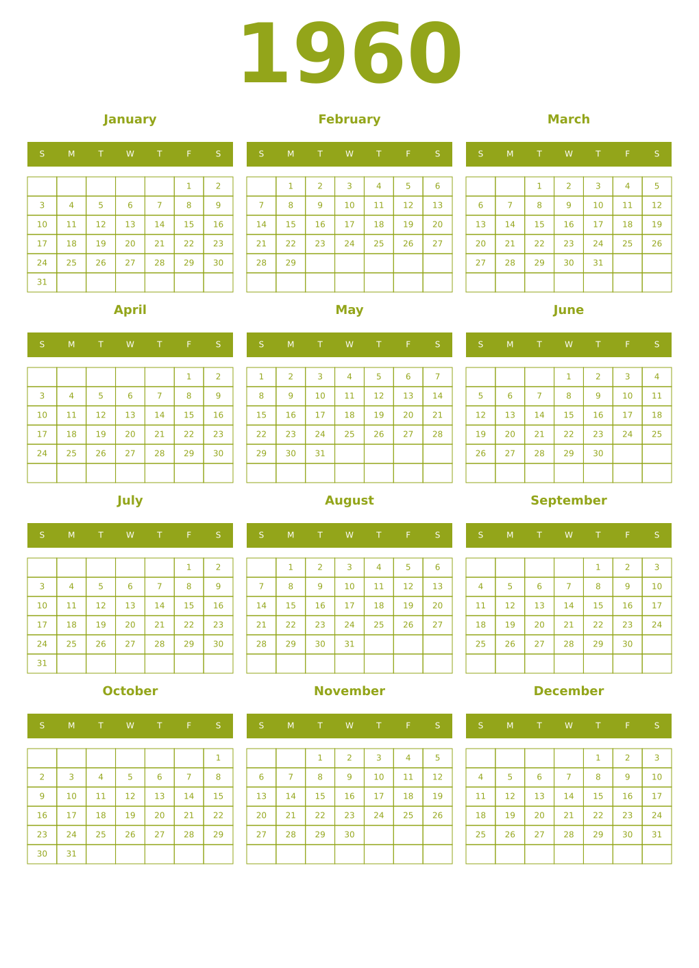 Printable 1960 Year Calendars chartreuse