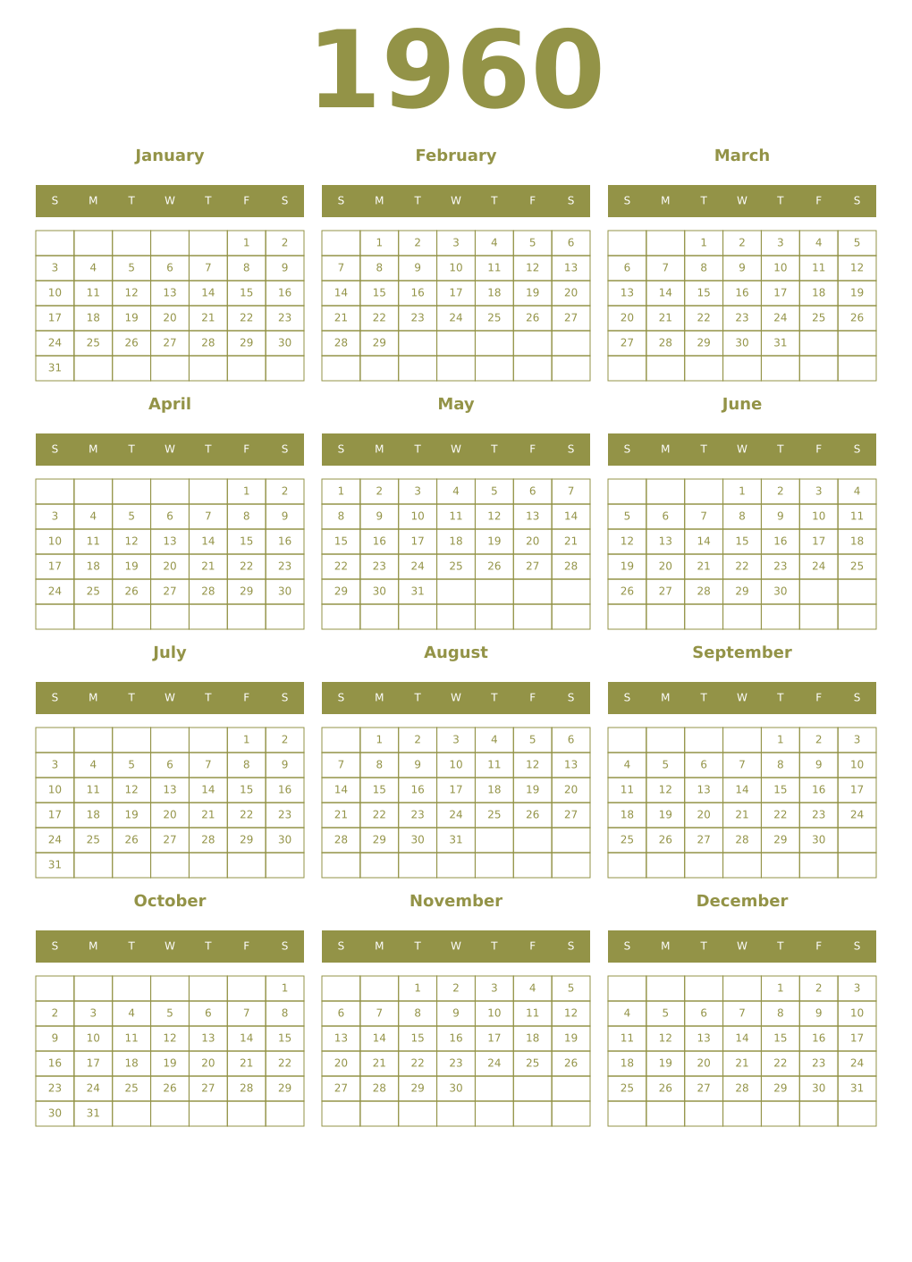 Printable 1960 Year Calendars eburnean