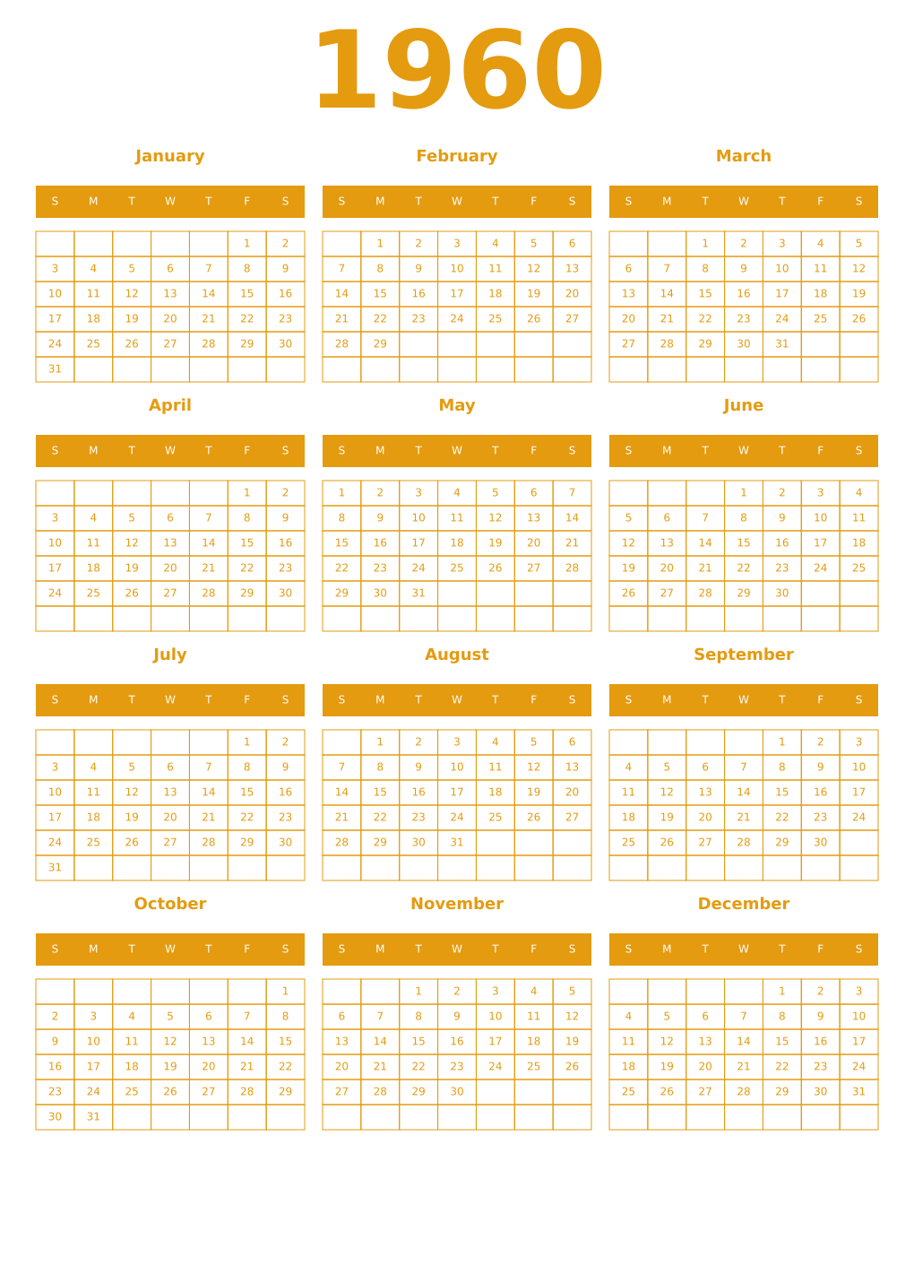 Printable 1960 Year Calendars gamboge