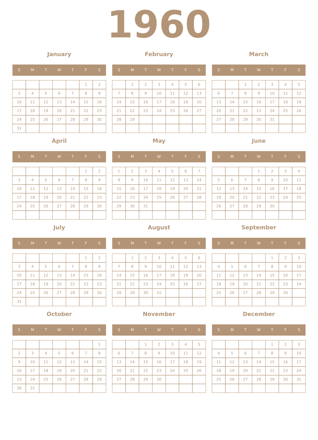 Printable 1960 Year Calendars isabelline