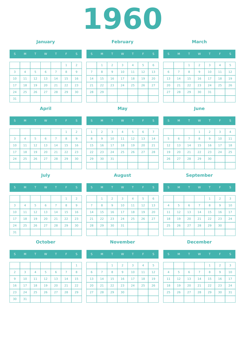 Printable 1960 Year Calendars verdigris