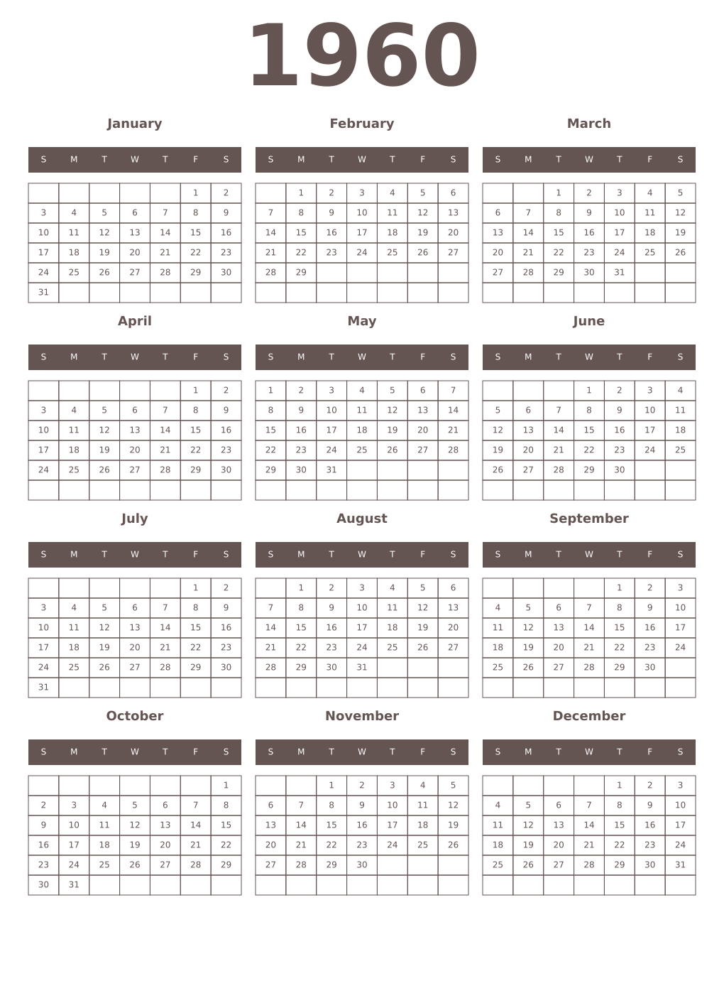 Printable 1960 Year Calendars wenge