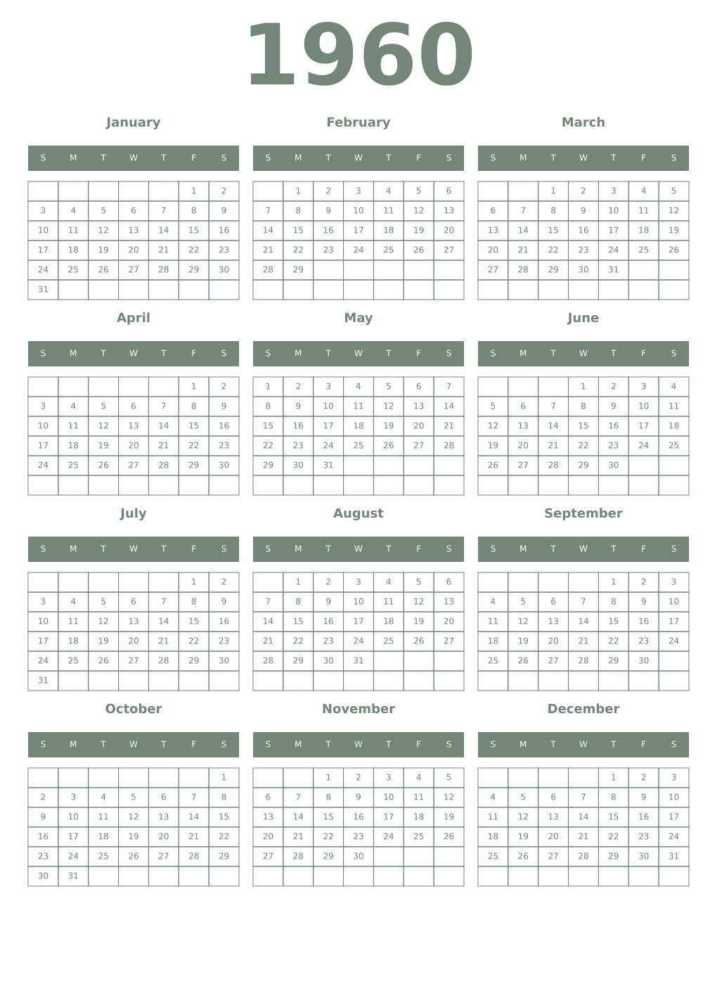 Printable 1960 Year Calendars xanadu
