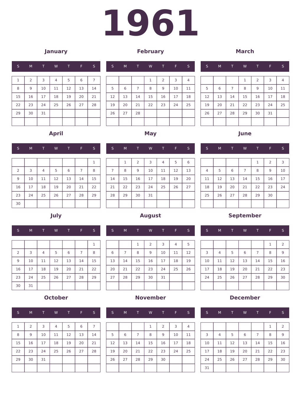 Printable 1961 Year Calendars aubergine