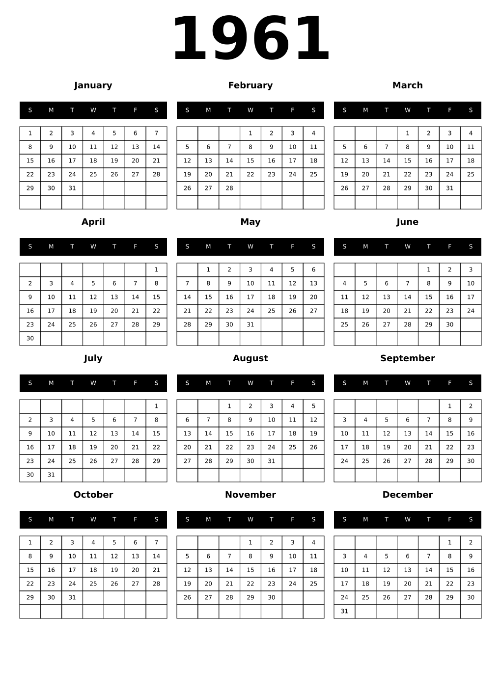 Printable 1961 Year Calendars black