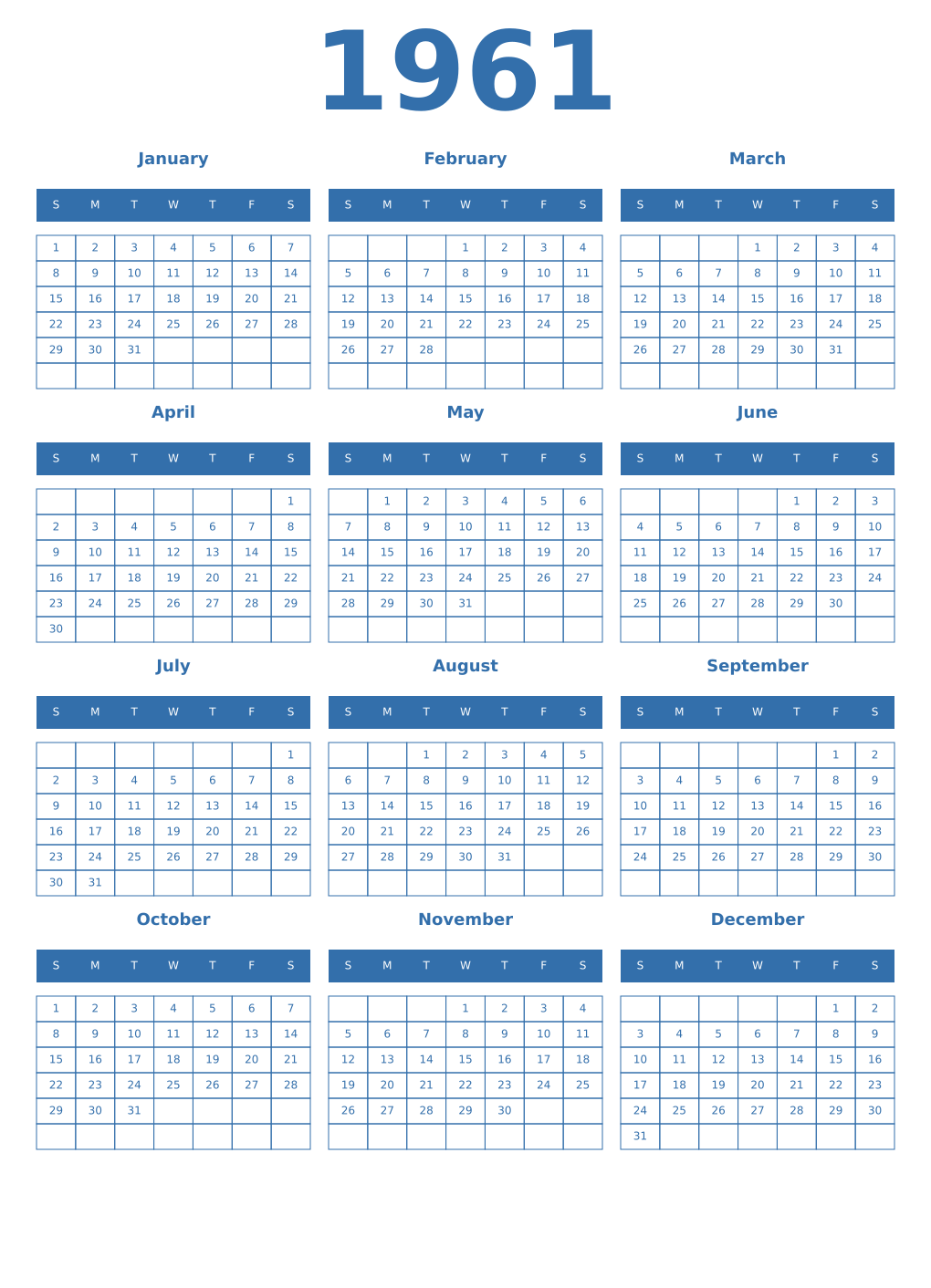 Printable 1961 Year Calendars blue