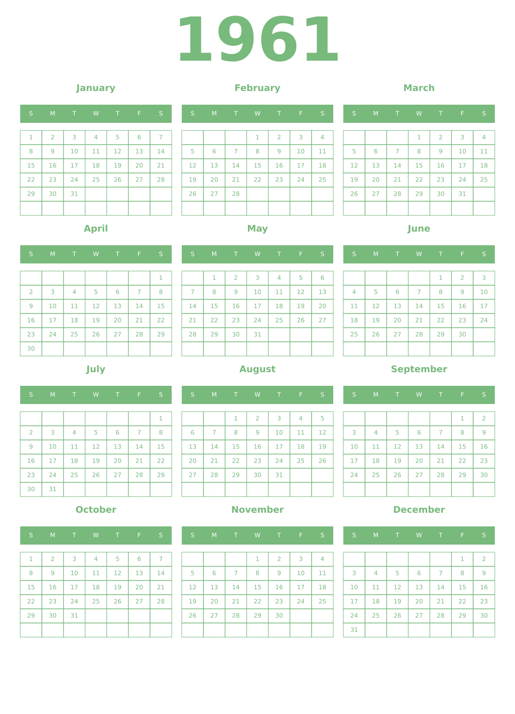 Printable 1961 Year Calendars celadon