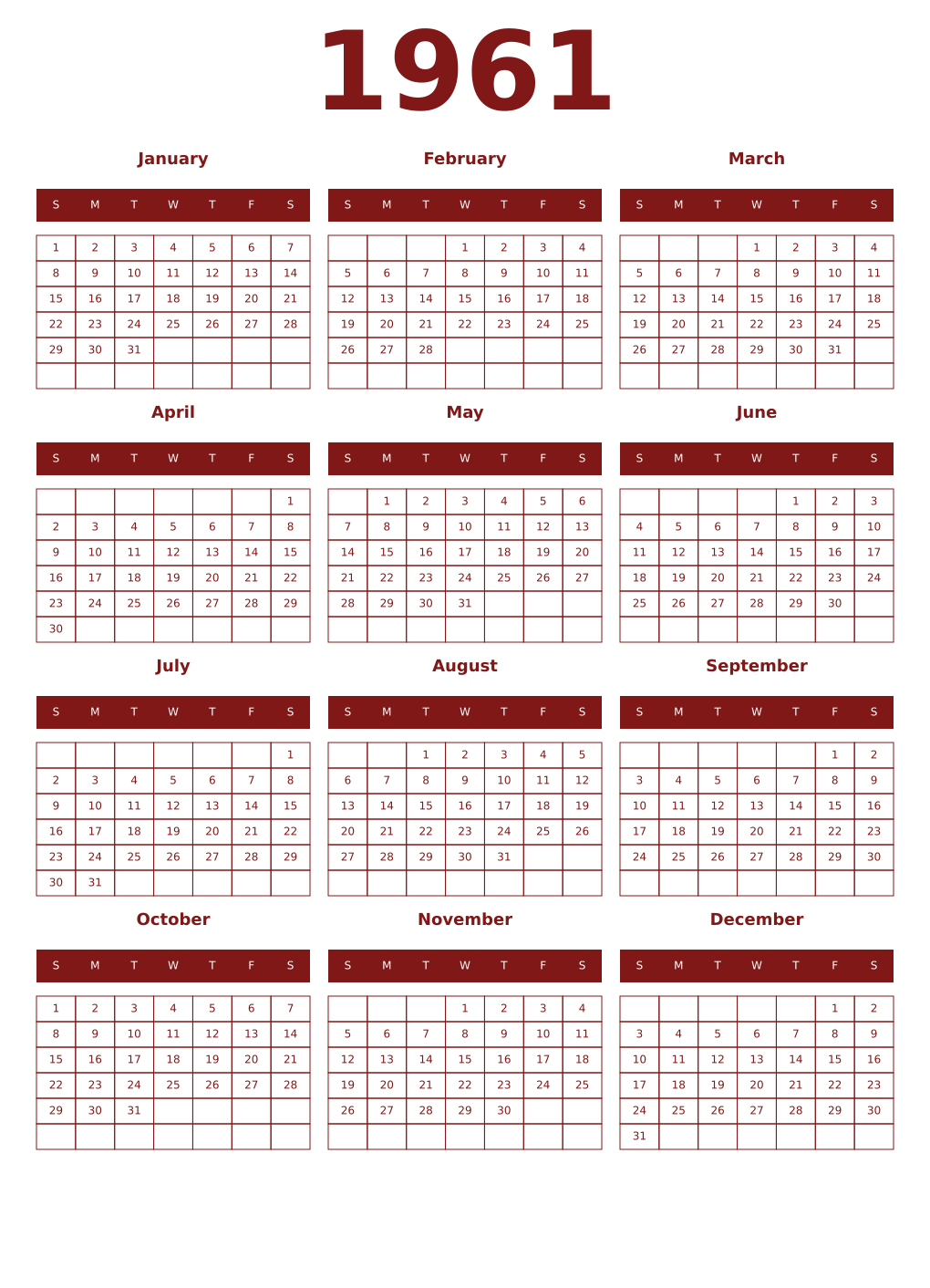 Printable 1961 Year Calendars falu